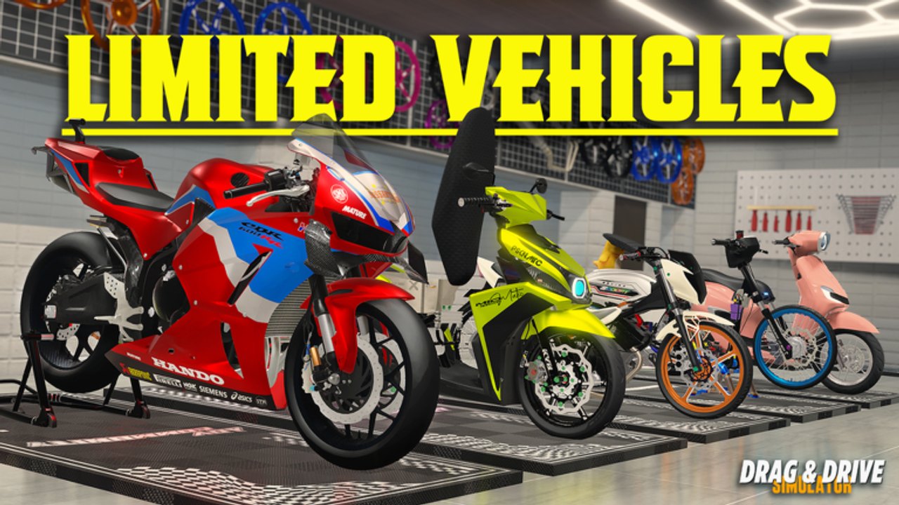 Drag Drive Simulator limited motorcycles lined up in the garage, including a red sportbike and custom scooters