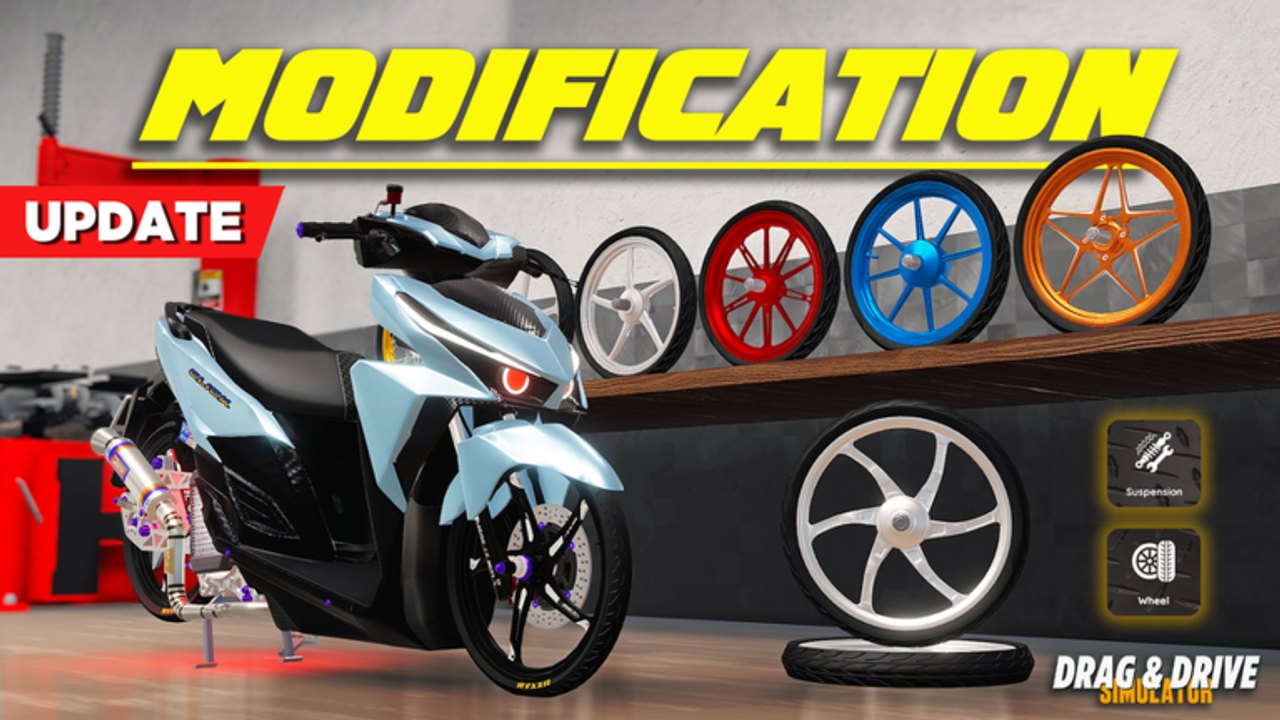 Drag Drive Simulator modification workshop with a light-blue scooter, colored rims, and wheel options